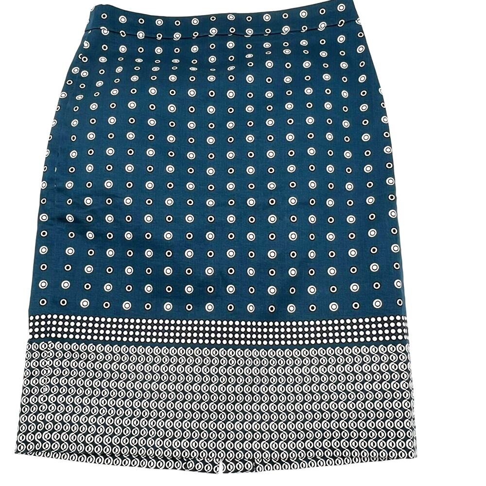 J. CREW Women's Size 6 Blue pencil skirt white circles side zip Stretch Art Knee